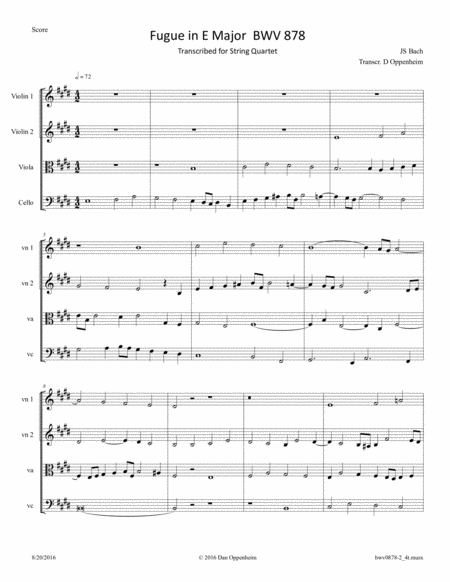 Free Sheet Music Bach Fugue In E Major Bwv 878 From The Well Tempered Clavier Arr For String Quartet