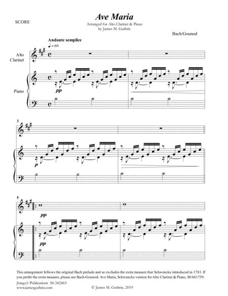 Bach Gounod Ave Maria For Alto Clarinet Piano Sheet Music