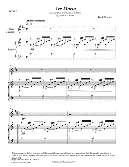 Bach Gounod Ave Maria For Bass Clarinet Piano Sheet Music