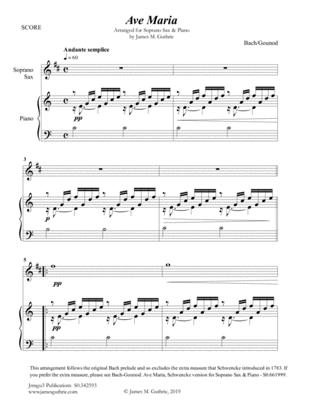 Free Sheet Music Bach Gounod Ave Maria For Soprano Sax Piano