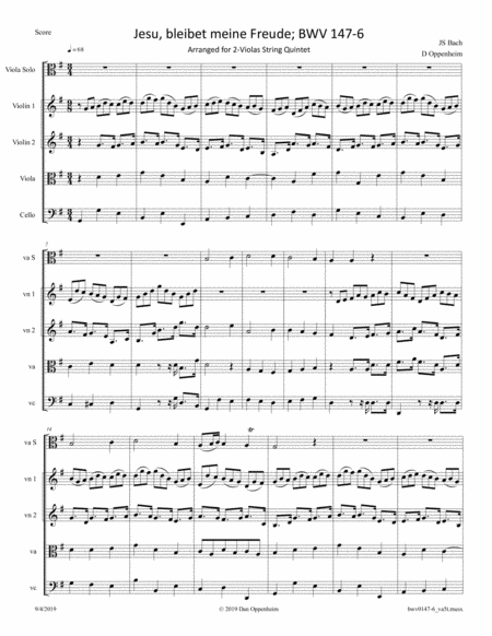 Bach Jesu Bleibet Meine Freude Bwv 147 6 Arr For Viola Quintet Sheet Music