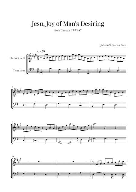 Free Sheet Music Bach Jesu Joy Of Mans Desiring For Clarinet And Trombone