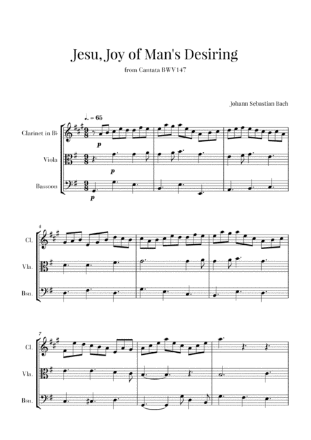 Bach Jesu Joy Of Mans Desiring For Clarinet Viola And Bassoon Sheet Music