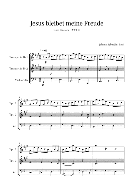 Free Sheet Music Bach Jesus Bleibet Meine Freude For 2 Trumpets And Cello