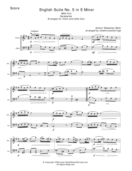 Free Sheet Music Bach Js Sarabande For Violin And Cello