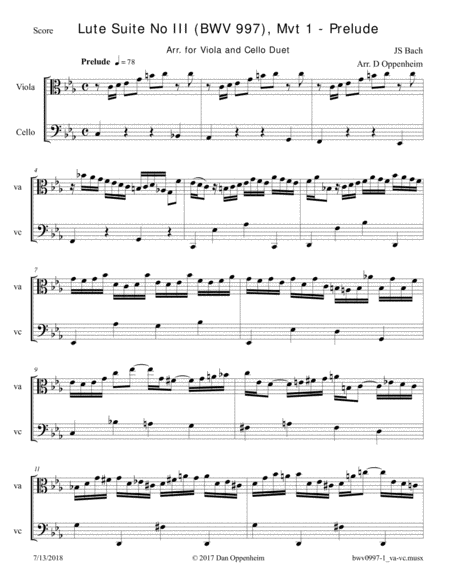 Bach Lute Suite No 3 Bwv 997 Movement 1 Prelude Arranged For Viola And Cello Sheet Music