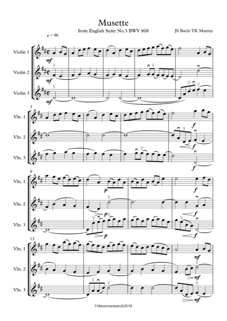 Bach Musette 3 Violins Violin Trio Violin Group Sheet Music