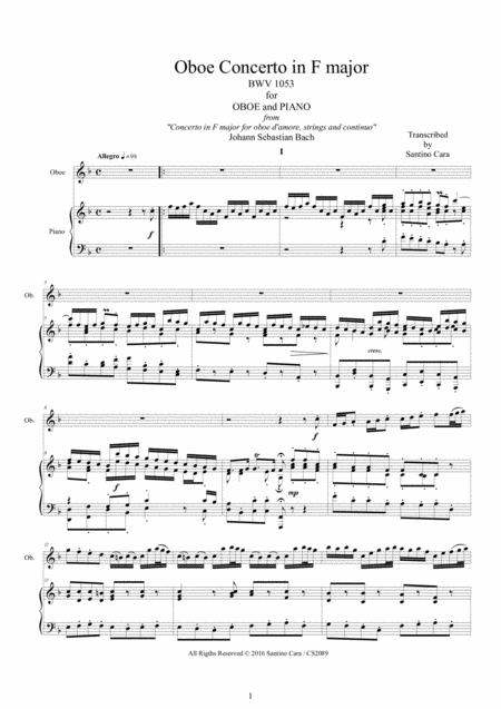 Bach Oboe Concerto In F Major Bwv1053 For Oboe And Piano Score And Oboe Part Sheet Music