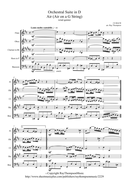 Bach Orchestral Suite In D Air On A G String Wind Quintet Sheet Music