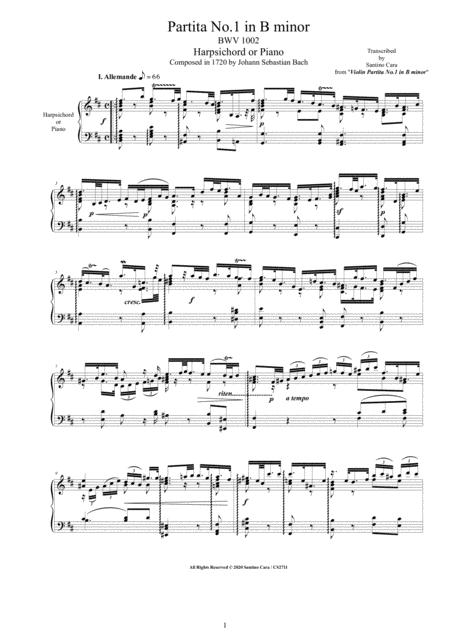 Bach Partita No 1 In B Minor Bwv 1002 For Harpsichord Or Piano Sheet Music