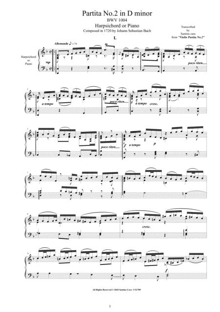 Bach Partita No 2 In D Minor Bwv 1004 For Harpsichord Or Piano Sheet Music