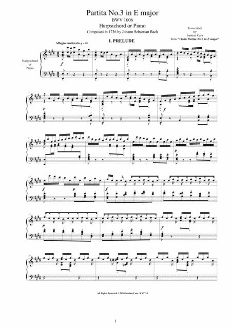 Free Sheet Music Bach Partita No 3 In E Major Bwv 1006 For Harpsichord Or Piano