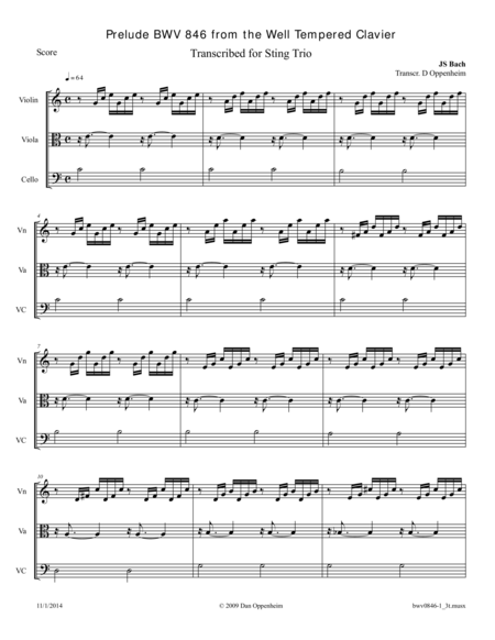 Bach Prelude Bwv 846 From The Well Tempered Clavier Arr For String Trio Sheet Music