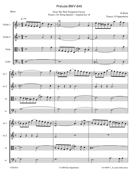 Free Sheet Music Bach Prelude Bwv 849 Transcribed For String Quartet