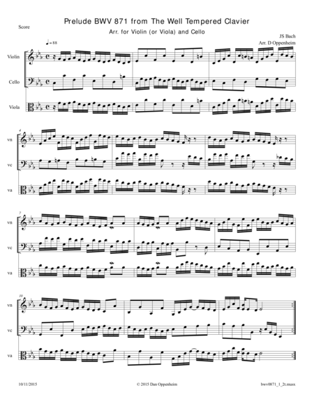 Free Sheet Music Bach Prelude Bwv 871 From The Well Tempered Clavier Arr For Violin Or Viola And Cello