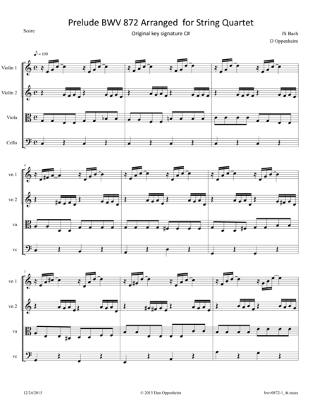 Bach Prelude Bwv 872 Arranged For String Quartet Sheet Music