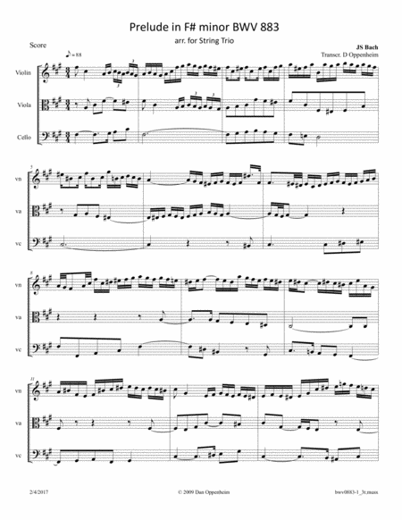 Bach Prelude Bwv 883 From The Well Tempered Clavier Arr For String Trio Sheet Music