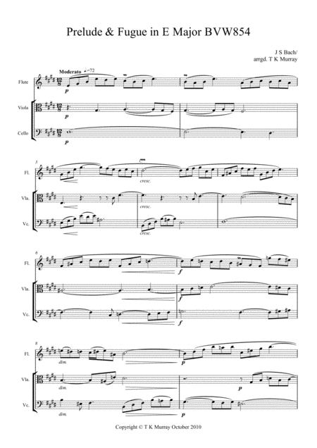 Bach Prelude Fugue In E Major Bvw854 Flute Viola Cello Score And Parts Sheet Music