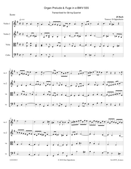 Bach Prelude Fugue In E Minor Bwv 555 Transcribed For String Quartet Sheet Music