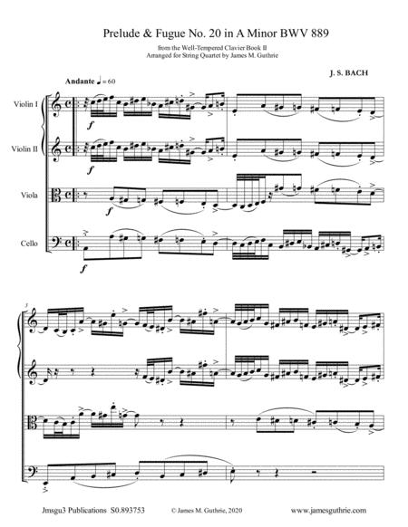 Bach Prelude Fugue No 20 In A Minor Bwv 889 For String Quartet Sheet Music