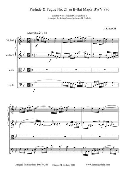 Bach Prelude Fugue No 21 In B Flat Major Bwv 890 For String Quartet Sheet Music