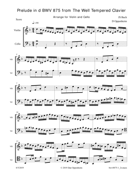 Bach Prelude In D Bwv 875 From The Well Tempered Clavier Arranged For Violin And Cello Sheet Music