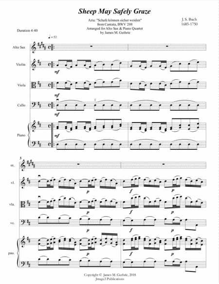 Bach Sheep May Safely Graze For Alto Sax Piano Quartet Sheet Music