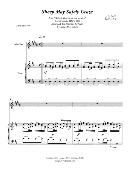Free Sheet Music Bach Sheep May Safely Graze For Alto Sax Piano