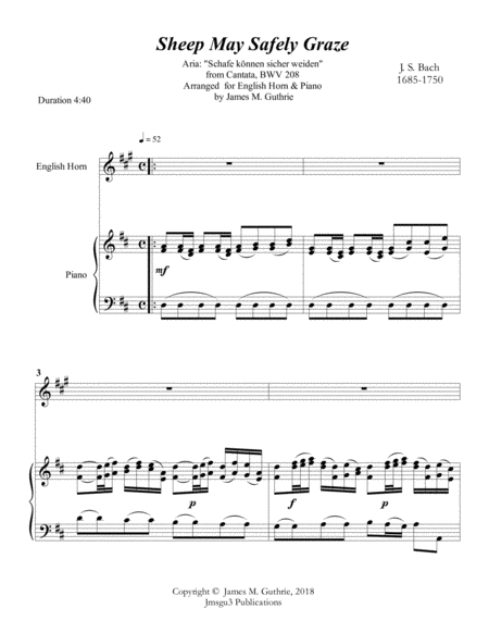 Free Sheet Music Bach Sheep May Safely Graze For English Horn Piano