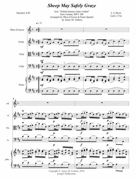 Bach Sheep May Safely Graze For Oboe D Amore Piano Quartet Sheet Music