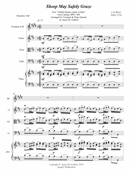 Free Sheet Music Bach Sheep May Safely Graze For Trumpet Piano Quartet