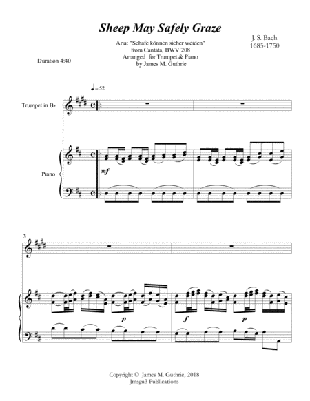 Free Sheet Music Bach Sheep May Safely Graze For Trumpet Piano