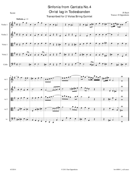 Bach Sinfonia From Cantata No 4 Transcribed For String Quintet Sheet Music