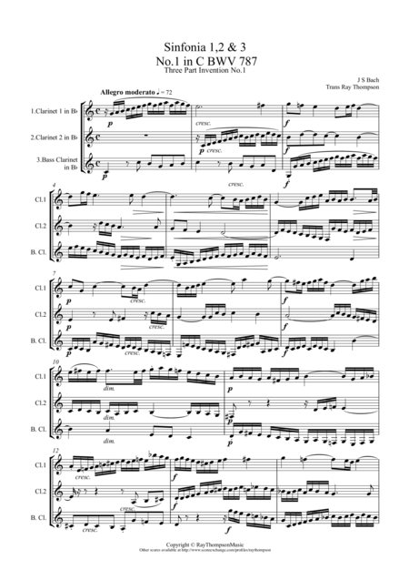 Bach Sinfonia Three Part Inventions Nos 1 2 3 Arr Clarinet Trio Sheet Music