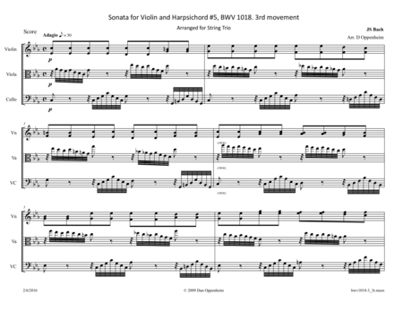 Bach Sonata For Violin And Harpsichord Bwv 1018 3rd Movement Arr For String Trio Sheet Music