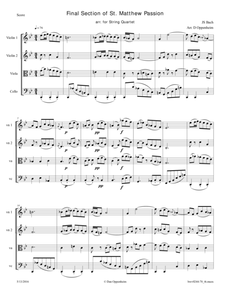 Bach St Matthew Passion Bwv 244 Final Section No 78 Arranged For String Quartet Sheet Music