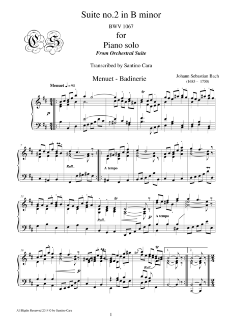 Free Sheet Music Bach Suite No 2 In B Minor Bwv 1067 7 8 Menuet Badinerie Piano Solo