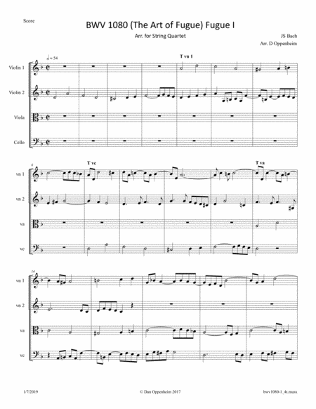 Free Sheet Music Bach The Art Of Fugue Bwv 1080 Fugue 1 Arr For String Quartet