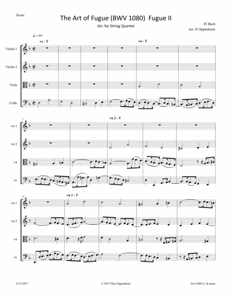 Free Sheet Music Bach The Art Of Fugue Bwv 1080 Fugue No 2 Arr For String Quartet