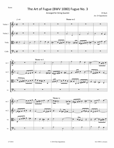 Bach The Art Of Fugue Bwv 1080 No 3 Arr For String Quartet Sheet Music