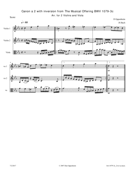 Bach The Musical Offering Bwv 1079 No 3c Canon A 2 With Inversion Arr For 2 Violins And Viola Sheet Music