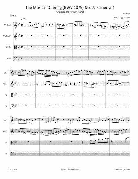 Bach The Musical Offering Bwv 1079 No 7 Canon A 4 Arr For String Quartet Sheet Music