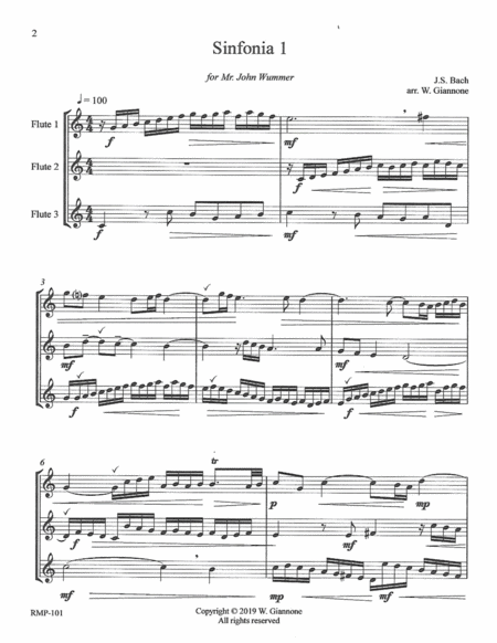 Free Sheet Music Bach Three Part Invention 1 For 3 Flutes Score