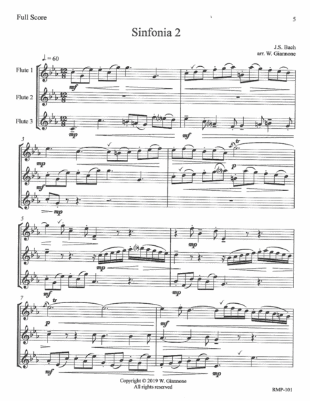 Bach Three Part Invention 2 For 3 Flutes Score Sheet Music