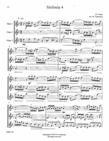 Free Sheet Music Bach Three Part Invention 4 For 3 Flutes Score