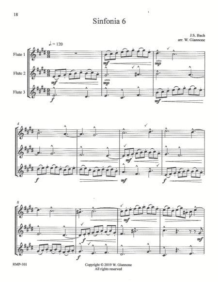 Free Sheet Music Bach Three Part Invention 6 For 3 Flutes Score