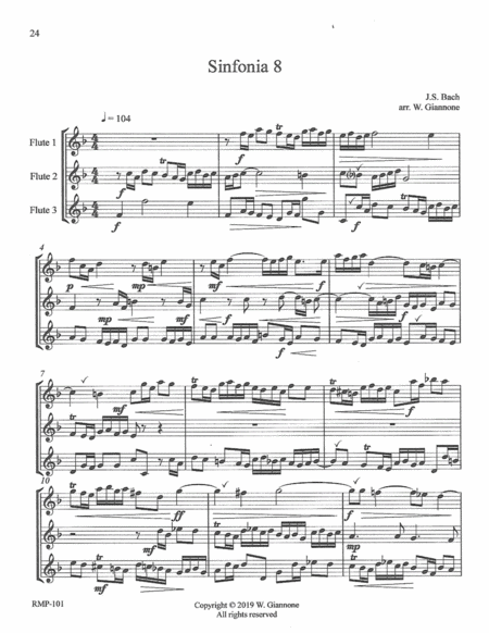 Free Sheet Music Bach Three Part Invention 8 For 3 Flutes Score