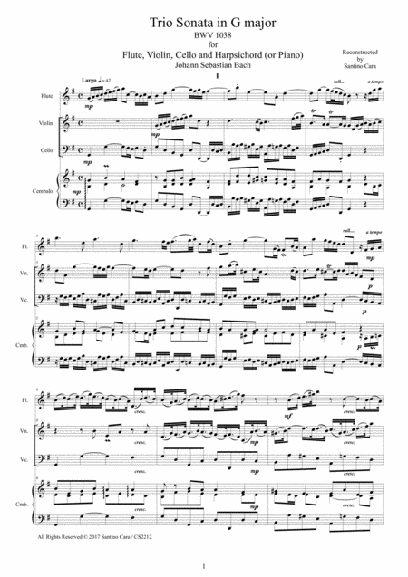 Free Sheet Music Bach Trio Sonata In G Major Bwv 1038 For Flute Violin Cello And Harpsichord Or Piano
