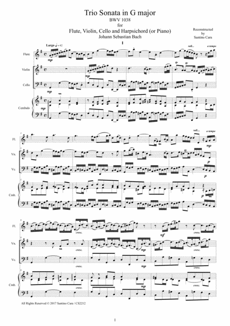 Bach Trio Sonata In G Major Bwv 1038 For Flute Violin Cello And Harpsichord Or Piano Sheet Music