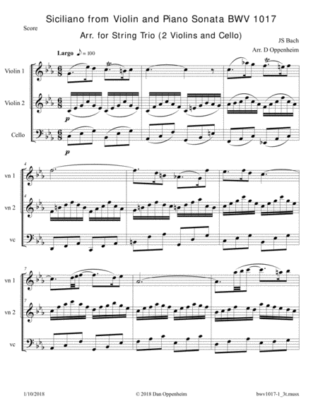 Bach Violin And Piano Sonata Bwv 1017 First Movement Siciliano Arr For 2 Violins And Cello Sheet Music